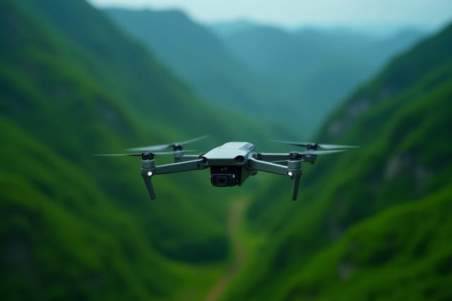 ドローンが緑豊かな谷を測量している様子